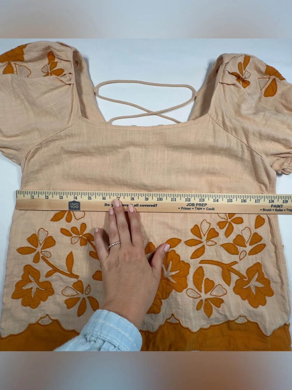 Madewell Orange Floral Embroidered Puff Sleeve Top Small Lace Up Back Rust Trim